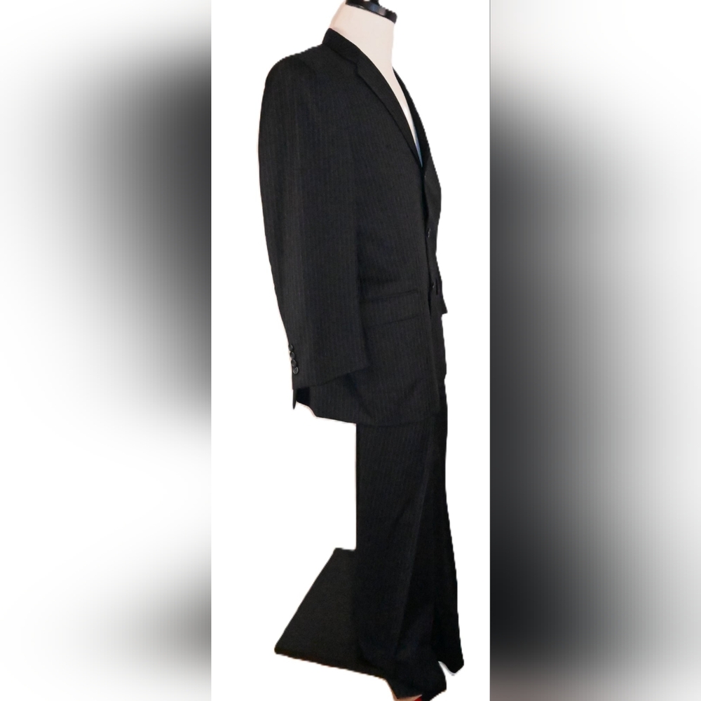 BURBERRY LONDON Black Pen Stripped 2Pc Suit Jacket 40 R Pants 31W Union Made USA - Picture 3 of 16